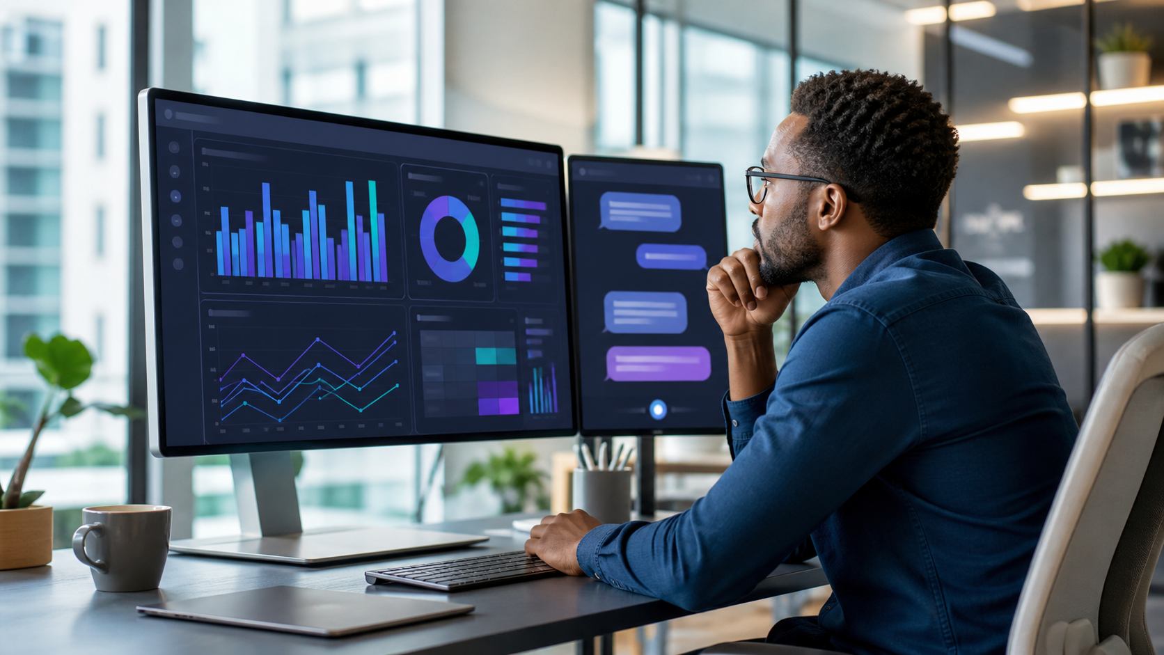 Analyste explorant un tableau de bord Power BI avec une assistance IA