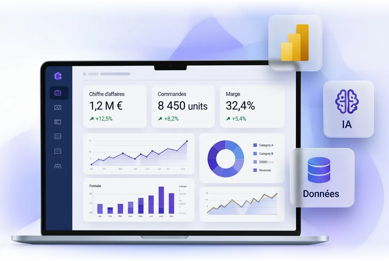 Dashboard Power BI et intelligence artificielle sur ordinateur portable